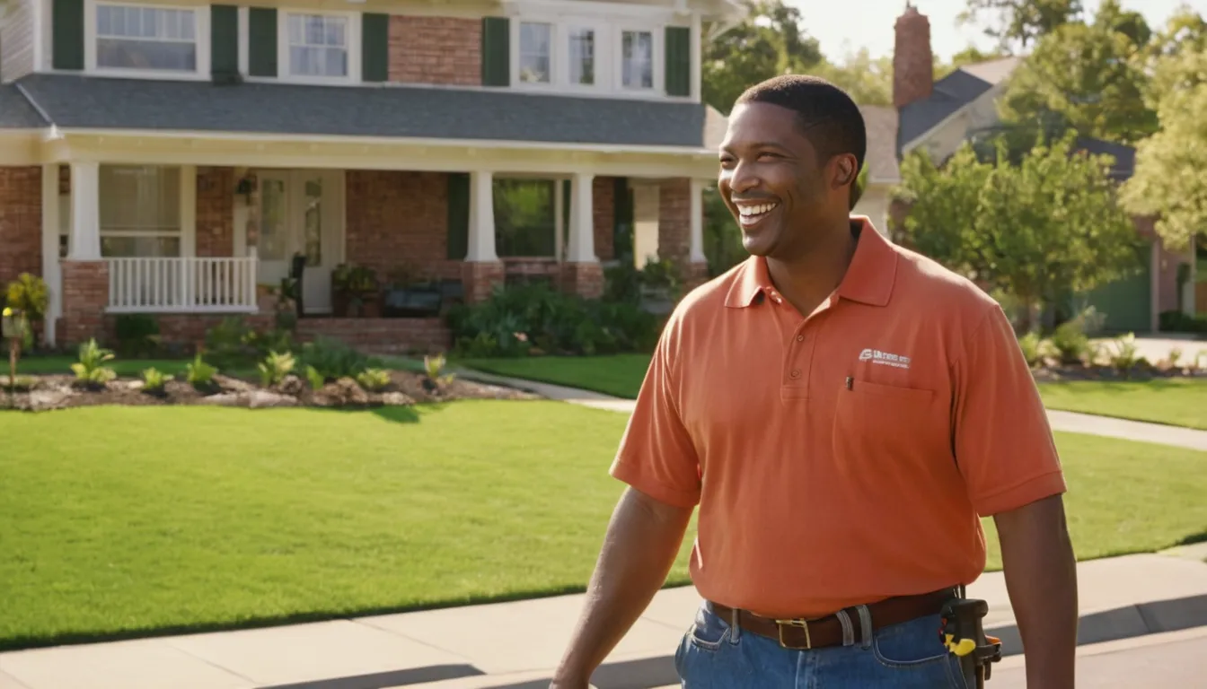 Friendly septic provider talking with a homeowner in front of a ranch house near Kenner